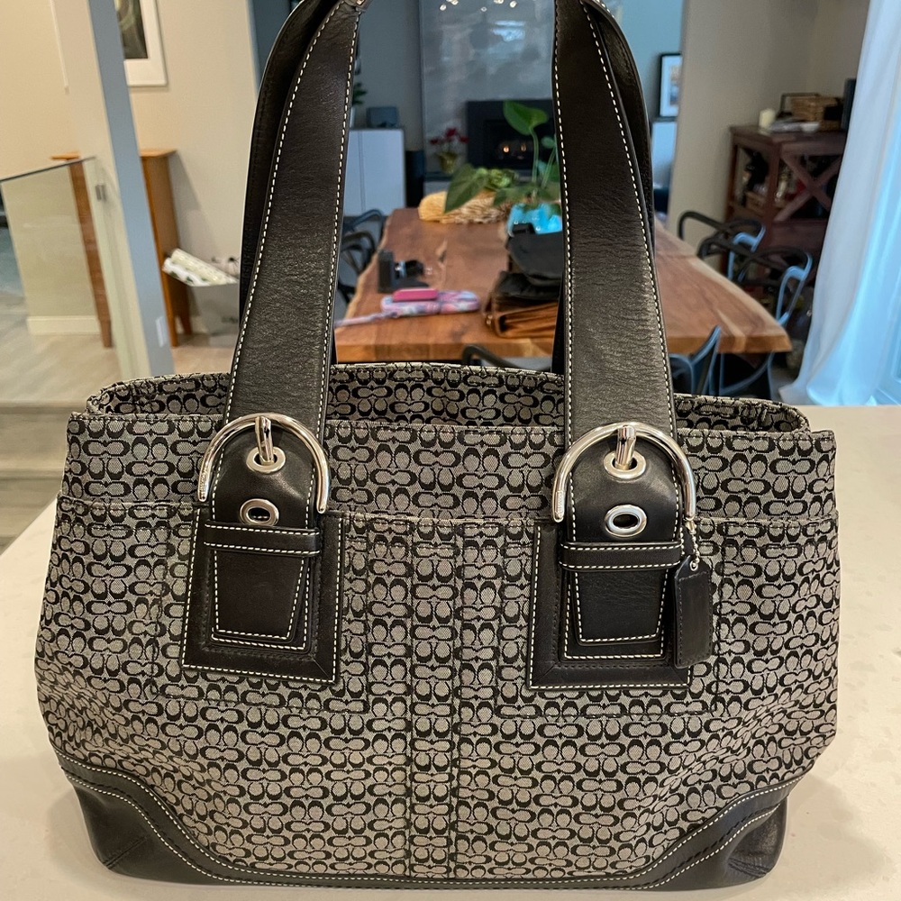 Coach Black Canvas Monogram with Leather Trim Satchel Bag